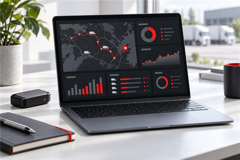 Telematics dashboard showing vehicle locations, routes and operational charts